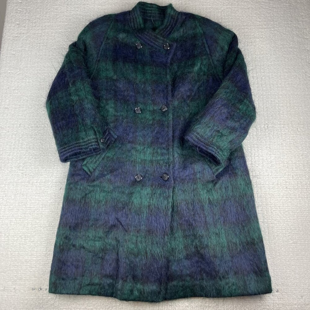 Vintage Jacob Crowley Mohair Long Over Coat Womens Green/Blue Sz 12 Canada Made